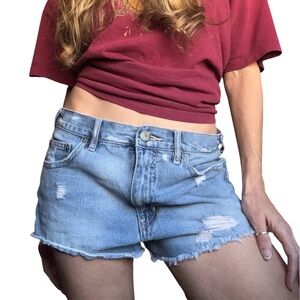 Free People Light Blue Distressed Denim Slouchy Shorts